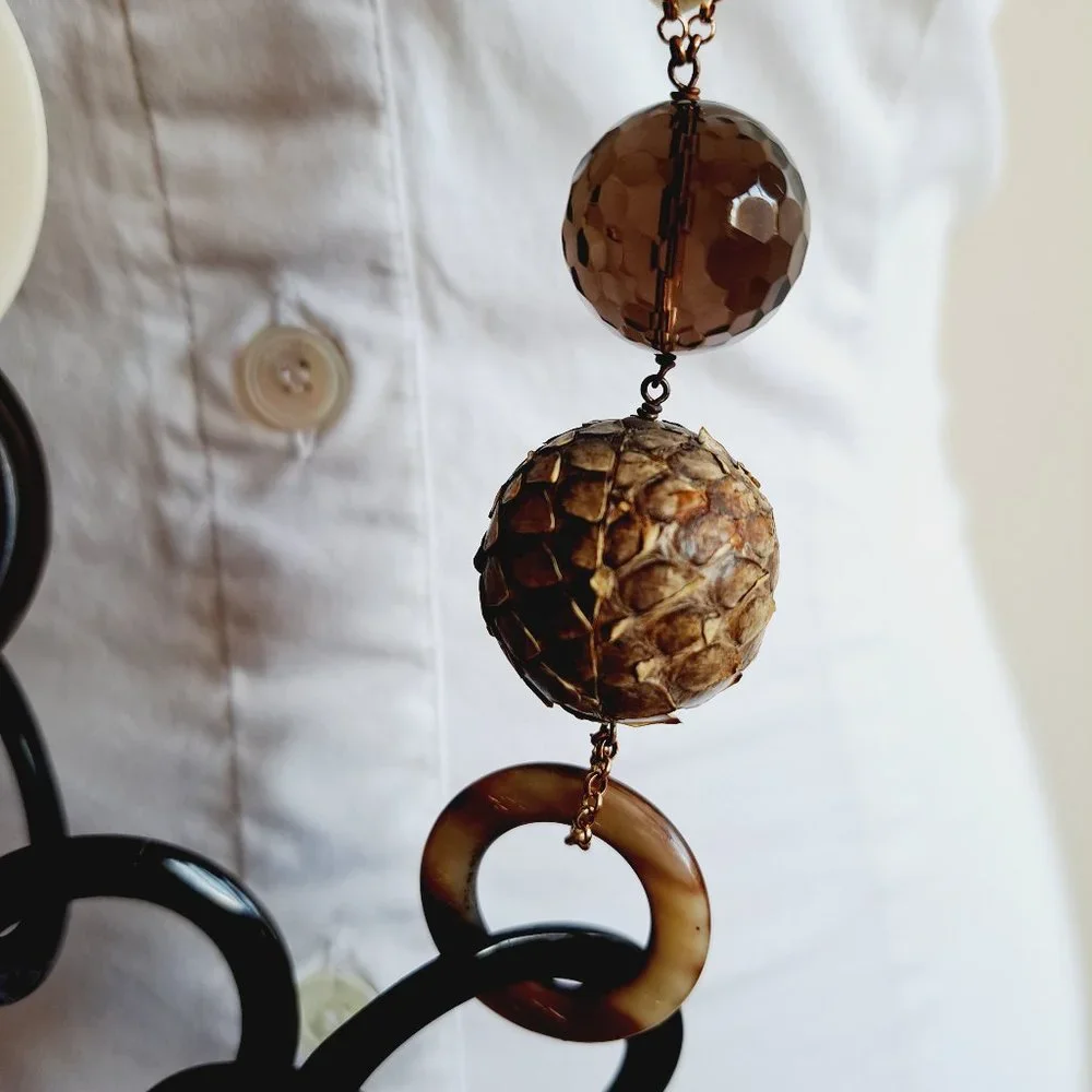 AMLE Italian Python Snakeskin Long Chain Horn Necklace - Picture 6 of 16